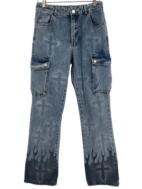 Aelfric Eden Washed Blue Flare Cargo Jeans with Cross & Flame Motifst size 28